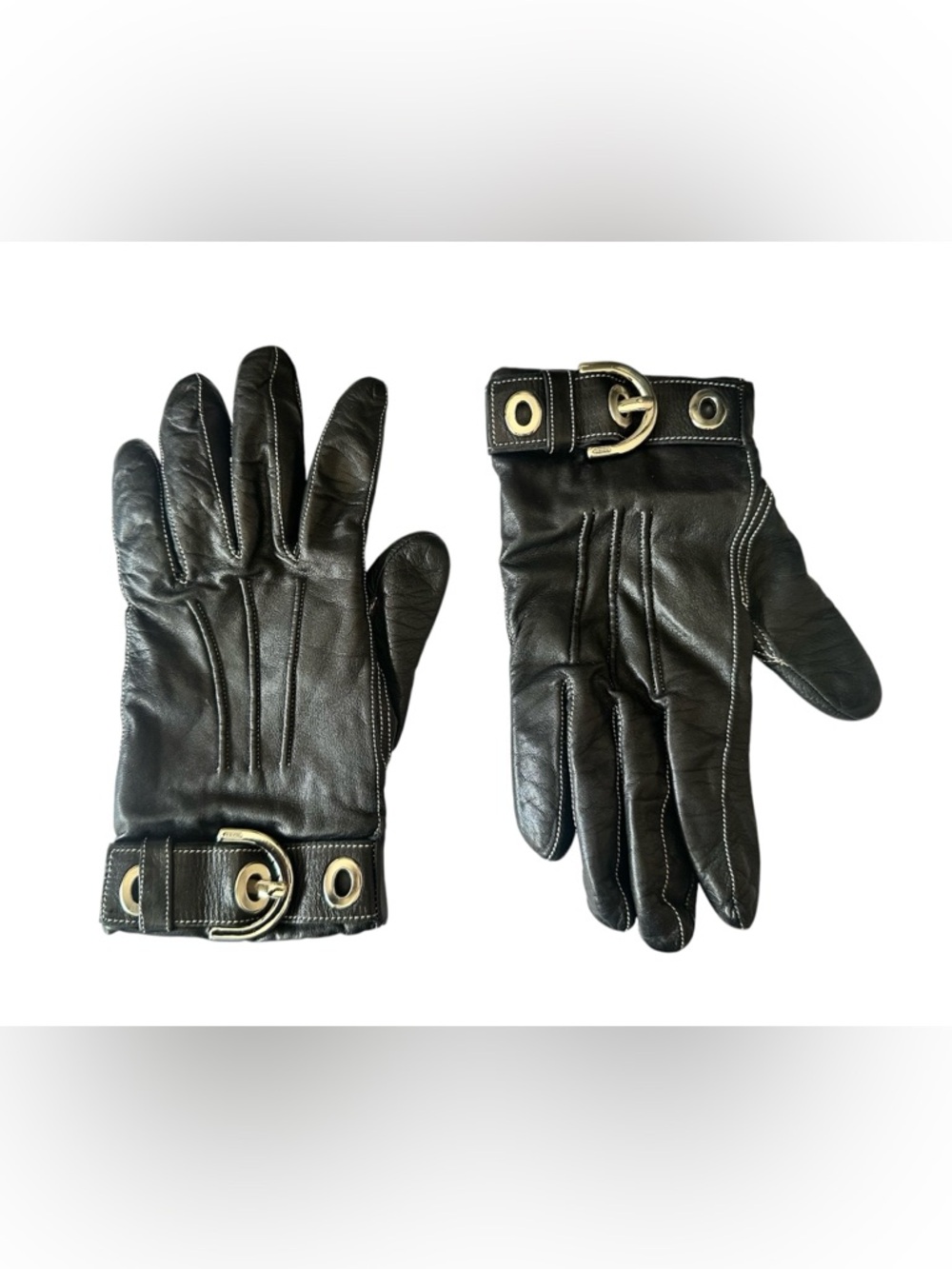 Coach Cashmere Lined Black Leather Gloves with Silver -Tone Buckle Accent